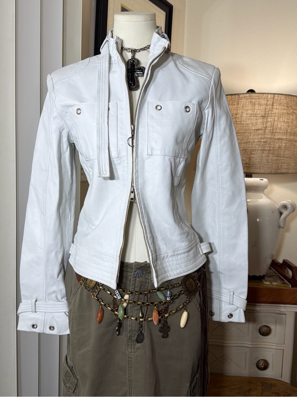 Bebe White Fitted Leather Double Zip-Front Jacket